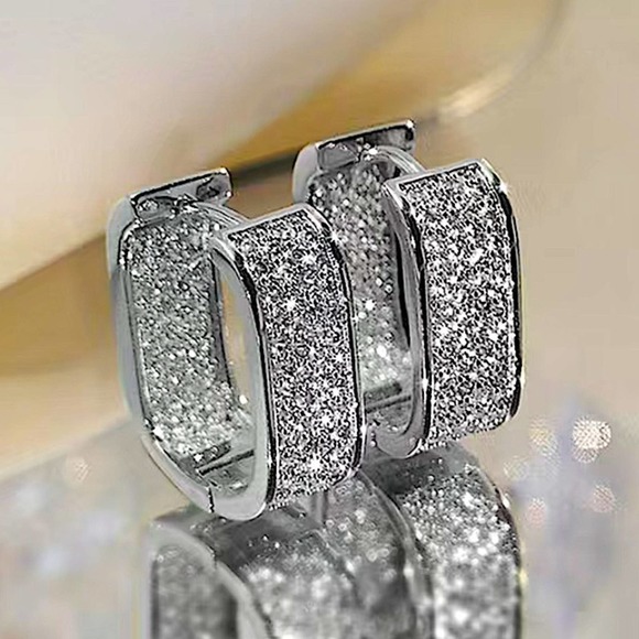 Silver Zircon Diamond White Gold Plated Pave Square Hoop Minimalist Earrings - Picture 1 of 3